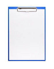 blue clipboard with a few sheets of paper. isolated