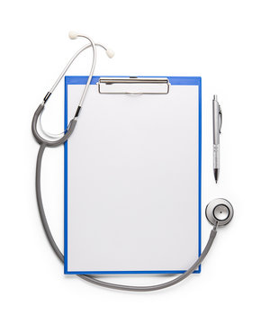 pen stethoscope and blue clipboard with a few sheets of paper. i