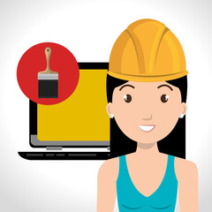 avatar woman with yellow helmet safety equipment and computer device with paint brush tool icon. vector illustration
