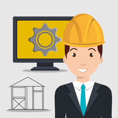 avatar architect man smiling with yellow helmet safety equipment and monitor computer with gear wheel on screen over white background. vector illustration