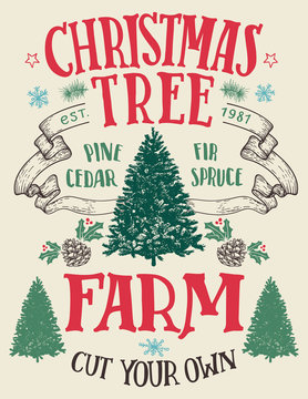 Christmas tree farm, cut your own. Hand-lettering vintage sign with hand-drawn christmas trees