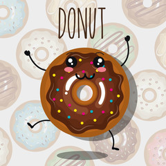 chocolate sweet donut kawaii cartoon with happy face over donuts background. vector illustration