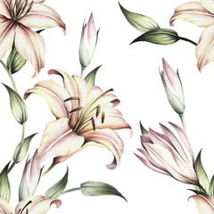 Seamless pattern with lilies. Hand draw watercolor illustration - 123863565