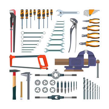 Vector set of working tools in flat style. Design elements and icons isolated on white background. Construction home repair. Tap holder, threading die