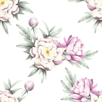 Seamless pattern with peonies. Hand draw watercolor illustration