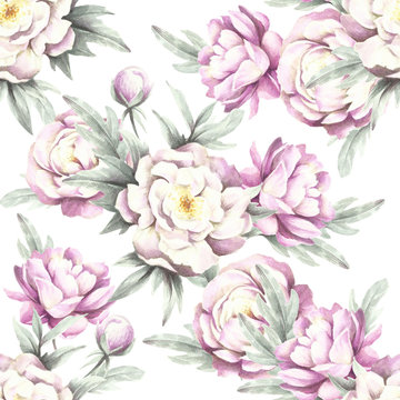 Seamless pattern with peonies. Hand draw watercolor illustration.