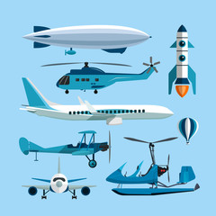 Vector set of flying transportation objects. Hot air balloon, rocket, helicopter, airplane, retro biplane. Design elements and isolated transport icons in flat style