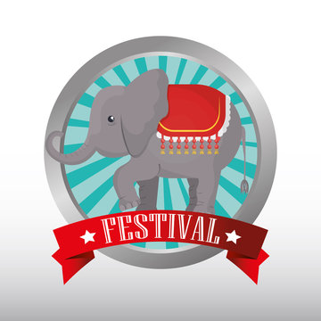 button with ribbon and elephant circus festival  show icon over white background. colorful design. vector illustration