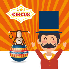 monkey and avatar happy man announcer circus festival over orange background. colorful design. vector illustration