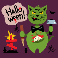 Vector Halloween Cat in the Cemetery Cartoon Illustration.