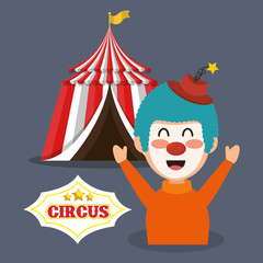 red and white striped tent circus  and happu clown icon. colorful design. vector illustration