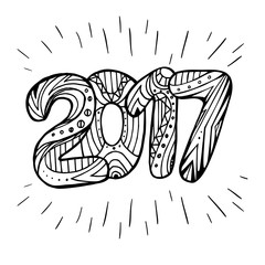 Doodle number 2017 with boho pattern. Vector element for your creativity