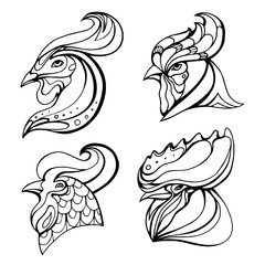 Set of doodle rooster heads with boho pattern. Vector element for logos, postcards and your design