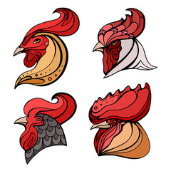 Set of colorful doodle rooster heads with boho pattern. Vector element for logos, postcards and your design