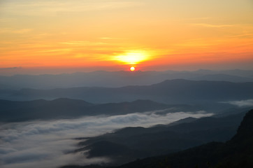 Sun shining through the clouds with silhouetted mountians