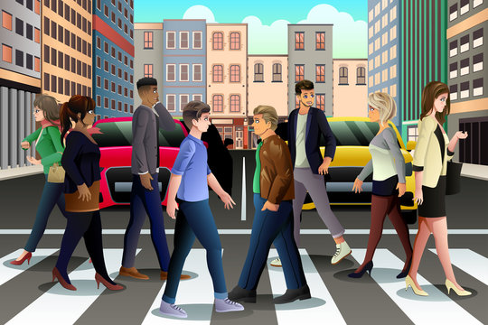 City People Crossing the Street During Rush Hour