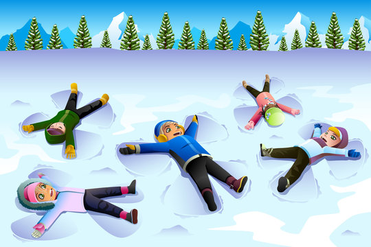 Children Doing Snow Angel During The Winter