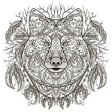 Wolf head with tribal aztec ornament in boho style. Tattoo art. Vintage hand drawn vector illustration.