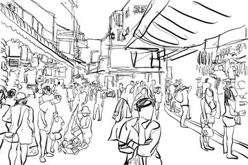 crowd in street market ink sketch