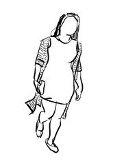 woman walking ink sketch isolated