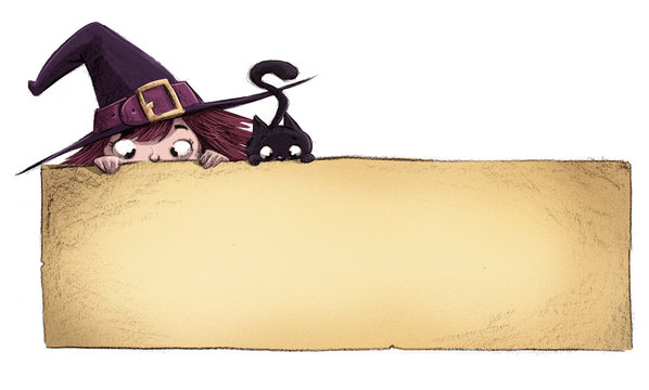 bruja y gato con cartel