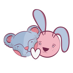teddy bear and rabbit love couple with heart shape over white background. vector illustration