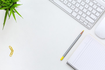 Cozy contemporary Business Theme on white Table with yellow Pencil