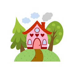 Cute little house on the hill. Vector illustration.