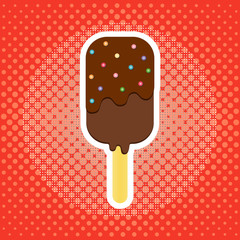 Pop Art Ice Cream Dessert on a Wooden Stick. Ice Cream on a Red Vintage Background

