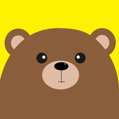 Bear grizzly big head. Cute cartoon character. Forest baby animal collection. Yellow background. Isolated. Flat