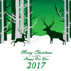 Merry Christmas and Happy New Year with Reindeer on green Christmas tree background.