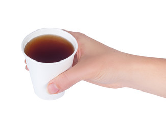 hand holding paper cup of tea isolate