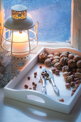 Nuts with nutcrackers for Christmas in cold evening