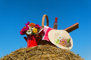 Picnic basket and summer hat in agriculture landscape