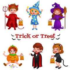 Happy Halloween. Set of cute cartoon children in colorful halloween costumes: Dracula, girl dressed as a pumpkin, sorceress, devil , witch , cat