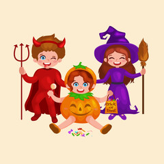 Happy Halloween. Set of cute cartoon children in colorful halloween costumes:girl dressed as a pumpkin, devil , witch , 