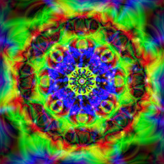 Abstract colorful kaleidoscope background. Circle mandala ornament, flower of life.