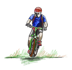 Hand drawn sketch of a man rides on a mountain bike or bicycle.