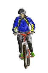Hand drawn sketch of a man rides on a mountain bike or bicycle.