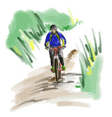 Hand drawn sketch of a man rides on a mountain bike or bicycle.