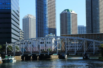 川に架かるトラス橋と高層マンション群