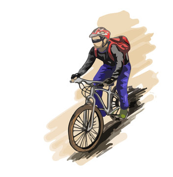 Hand Drawn Sketch Of A Man Rides On A Mountain Bike Or Bicycle.