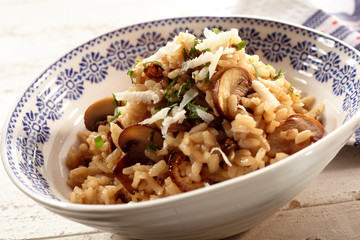 Close up on bowl of rice and mushrooms