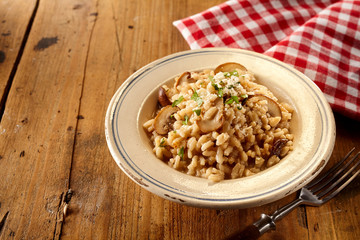 Risotto funghi and mushroom dish in bowl with fork