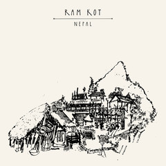 Ram Kot village in Nepal. Traditional Nepalese houses in the Himalayan mountains. Trekking destination. Vintage touristic postcard © babayuka