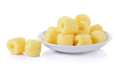 Crunchy corn snacks on a white background
