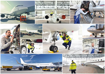 Luftfahrt - Reparatur und Wartung von Flugzeugen, Abfertigung am Flughafen - obrazy, fototapety, plakaty