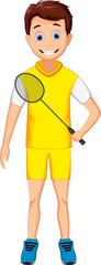 funny young boy holding badminton racket 