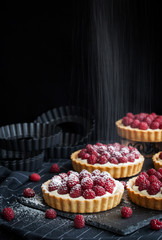 Delicious raspberry mini tarts on dark background