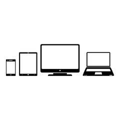 Электронные гаджеты, смартфон, планшет, компьютер, ноутбук, с белыми пустыми экранами. Черно-белая векторная иллюстрация на белом фоне.